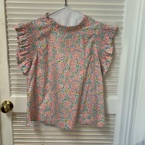 Adorable pink and blue ruffle neck top